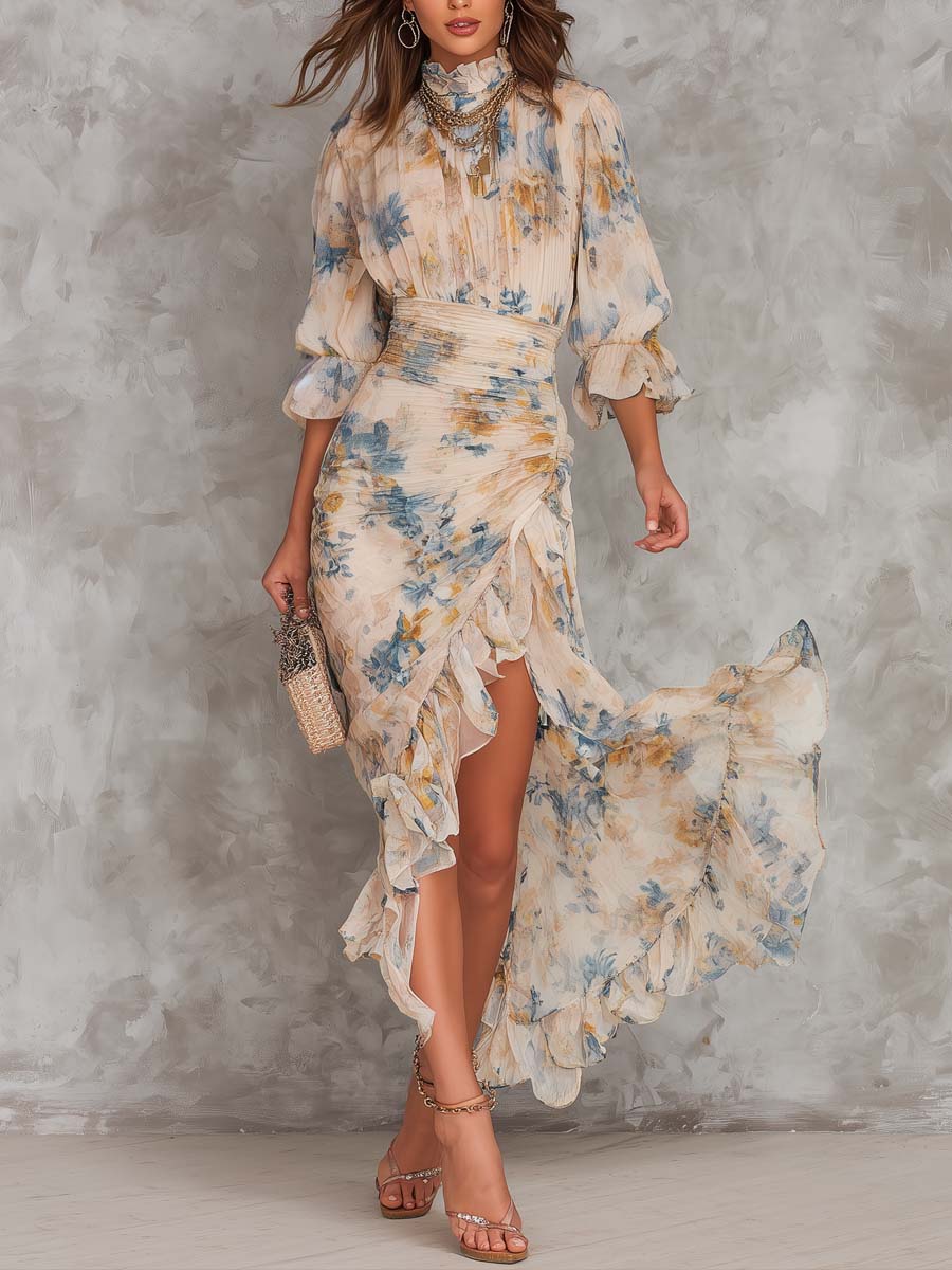 AURELIA | Vestido Maxi de Gasa Asimétrico con Estampado Floral