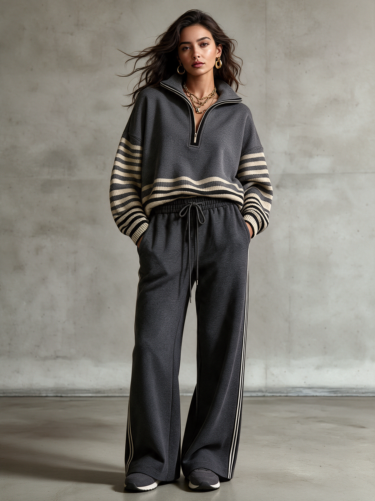 Aitana | Conjunto de sudadera con media cremallera y paneles de rayas y pantalón de pierna ancha