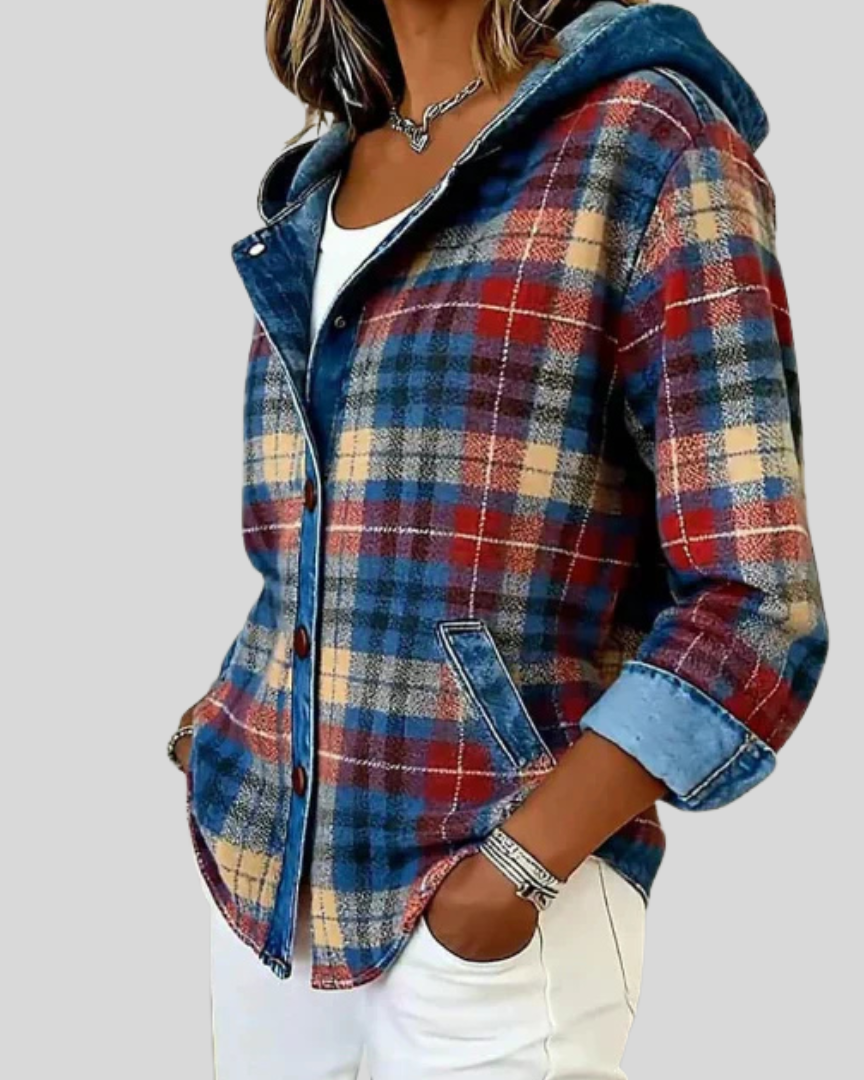 Sobrecamisa de Cuadros con Capucha y Ribetes Denim