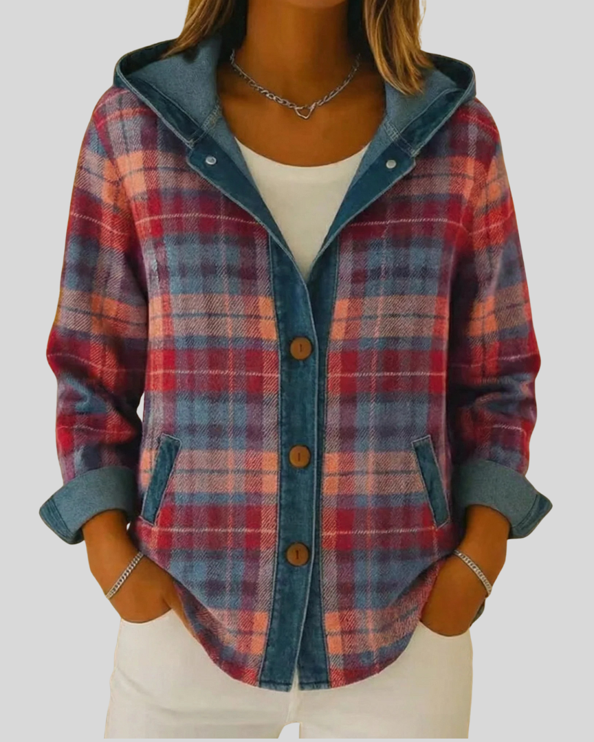 Sobrecamisa de Cuadros con Capucha Forrada en Denim