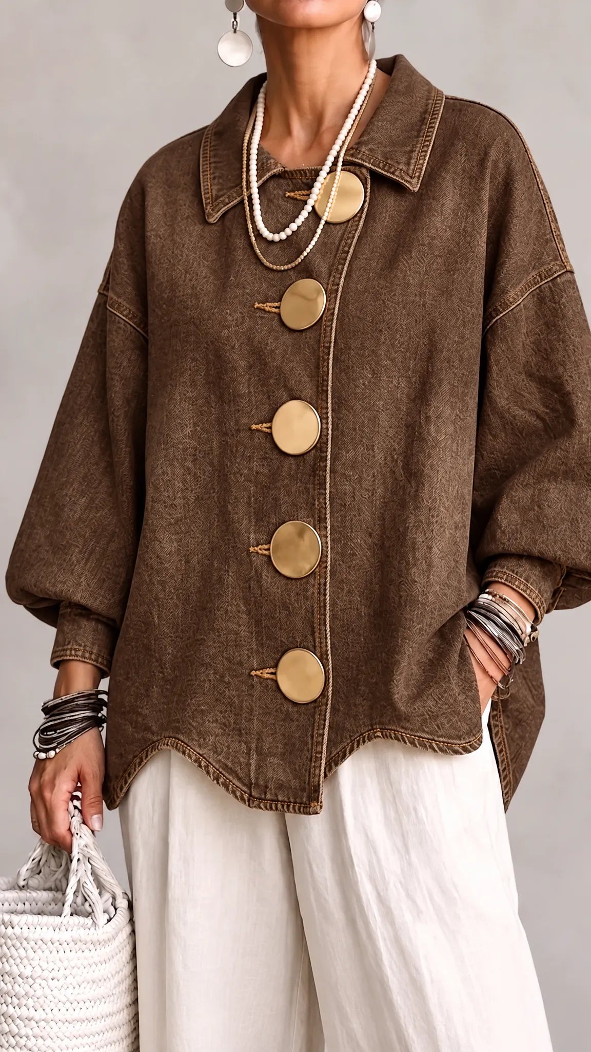 Chaqueta vaquera extragrande con botones dorados.