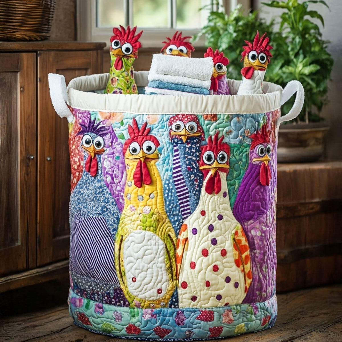 Cesto de Ropa Acolchado con Gallinas