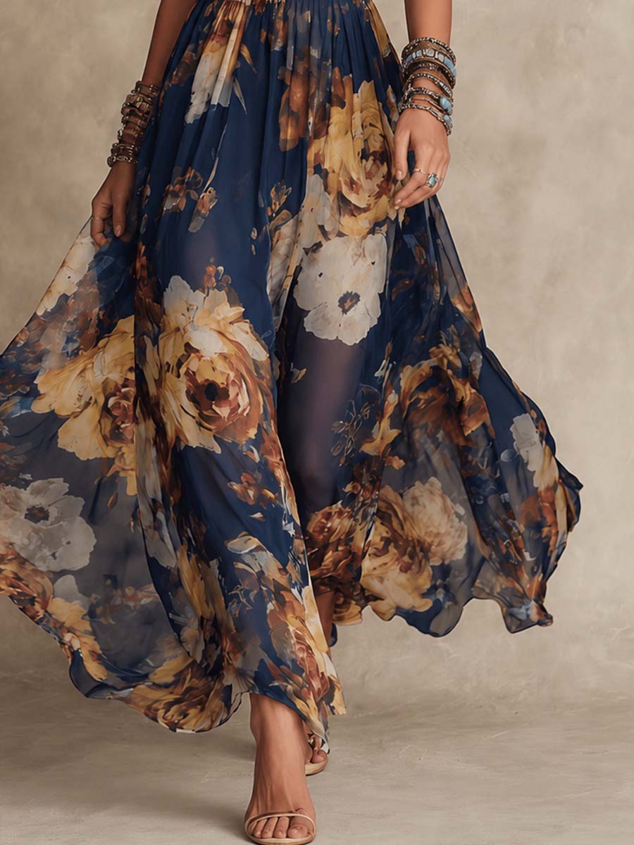 Adriana | Vestido Maxi de Gasa Azul Marino con Estampado Floral y Tirantes Finos