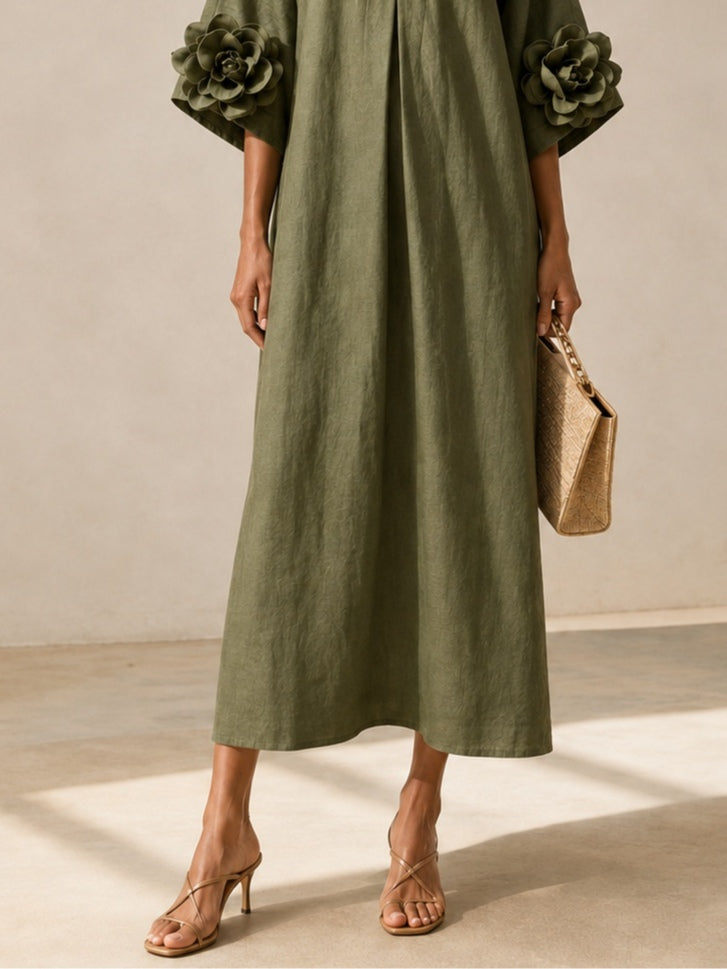 GLORIA - Vestido Midi Verde Oliva con Escote en V y Extravagantes Mangas Florales