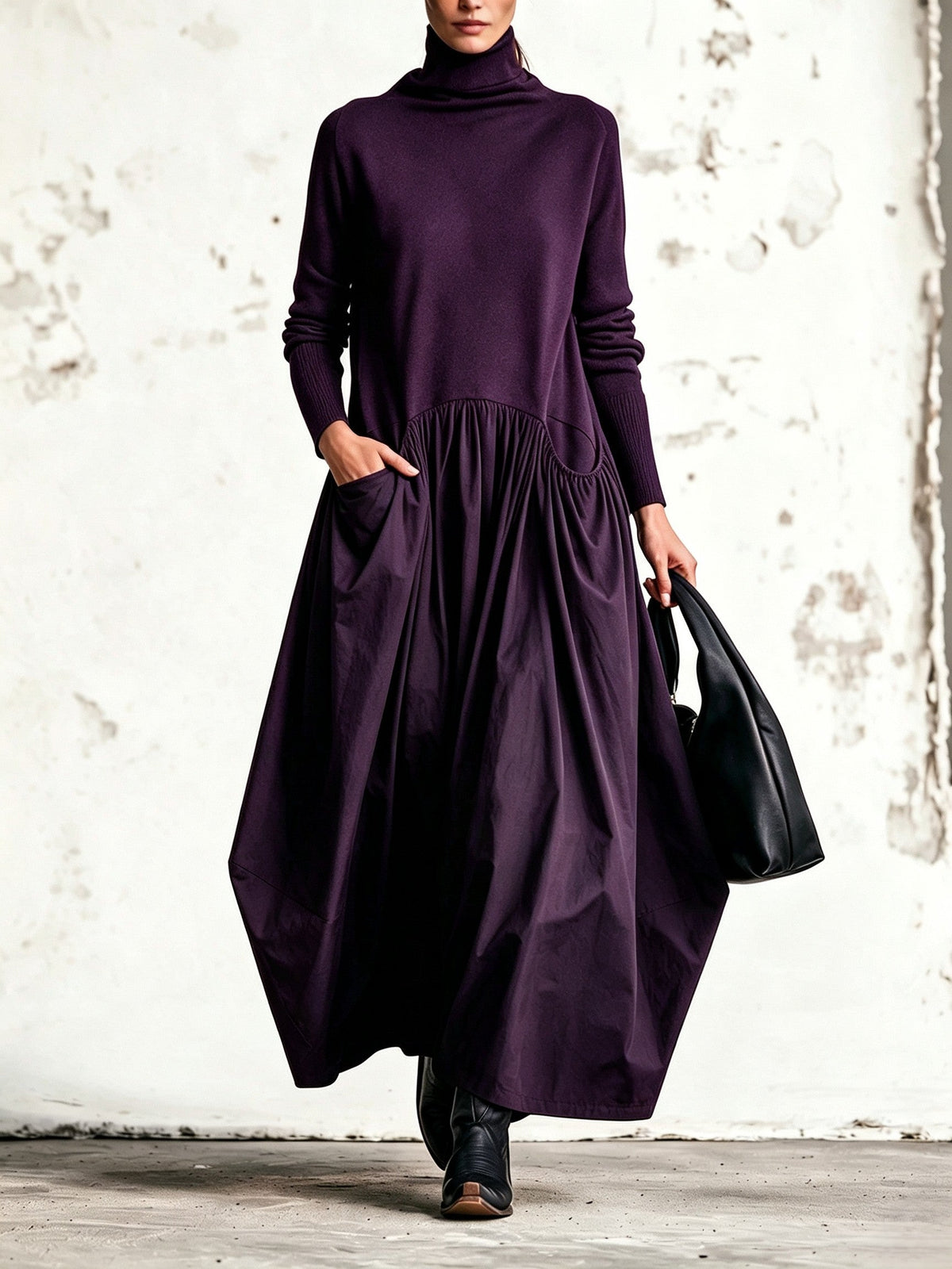 Belén | Vestido maxi oversize negro con cuello alto y bolsillos
