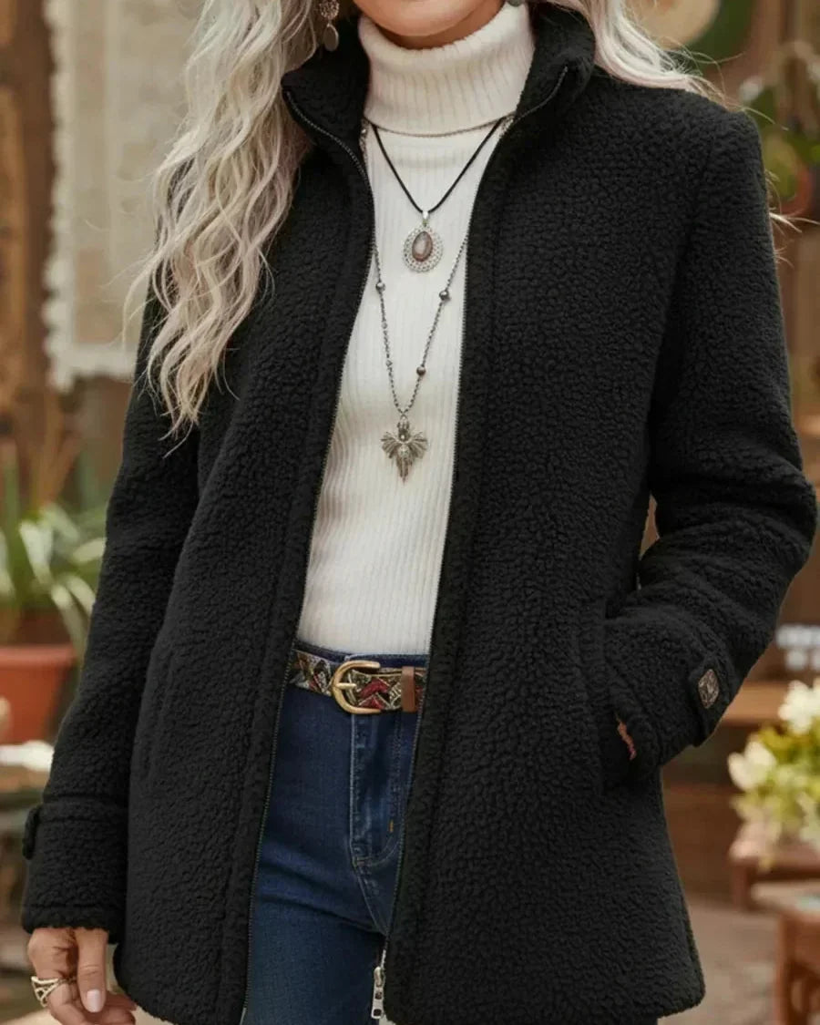 Chaqueta de Pelo con Cuello Mao y Cremallera