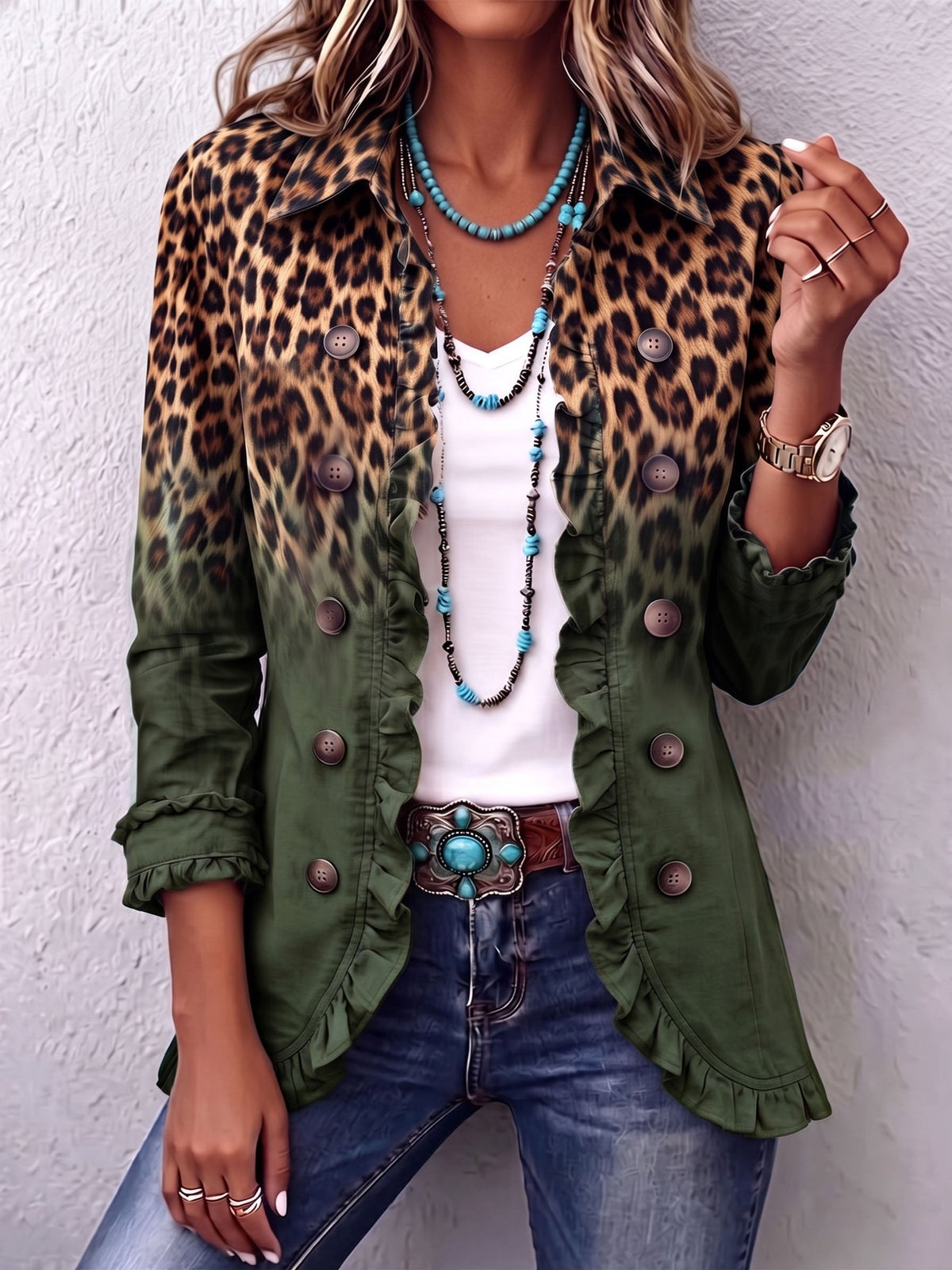 Chaqueta Blazer de Leopardo Degradado con Volantes