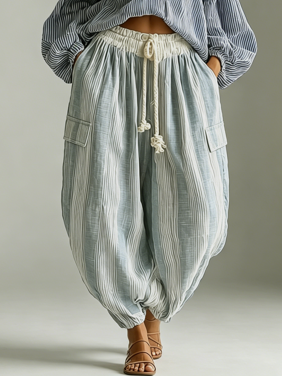 Victoria - Conjunto de Dos Piezas Bohemio de Top de Rayas con Mangas Farol y Pantalón Tipo Farol