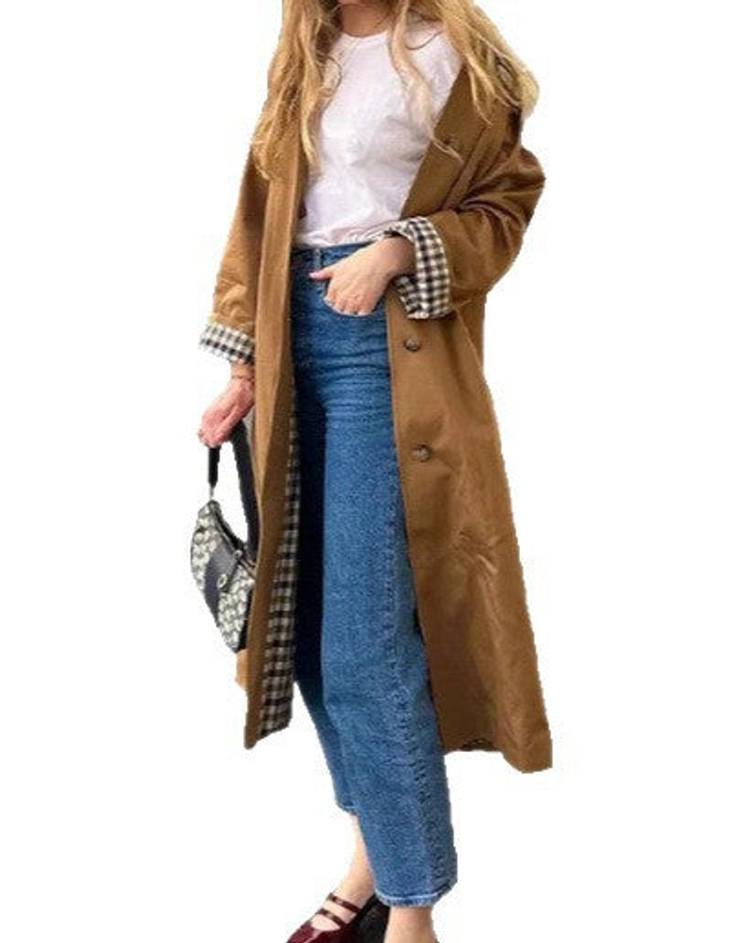 Trench Largo Oversize con Forro de Cuadros
