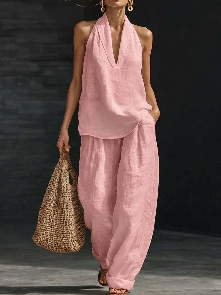 Cristina - Conjunto de Top Blanco de Escote en V Sin Mangas de Lino Sintético y Pantalón de Pierna Ancha