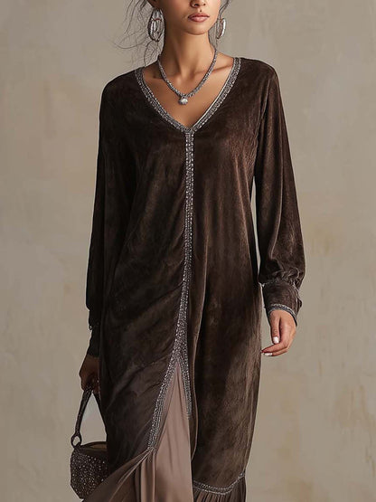 Teresa - Vestido midi holgado de ante sintético con escote en V y detalle de ribete