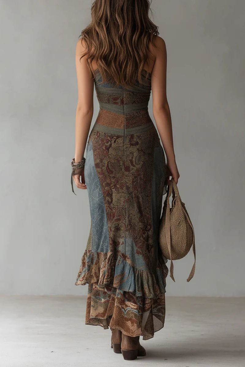 Vestido largo asimétrico estampado con abertura