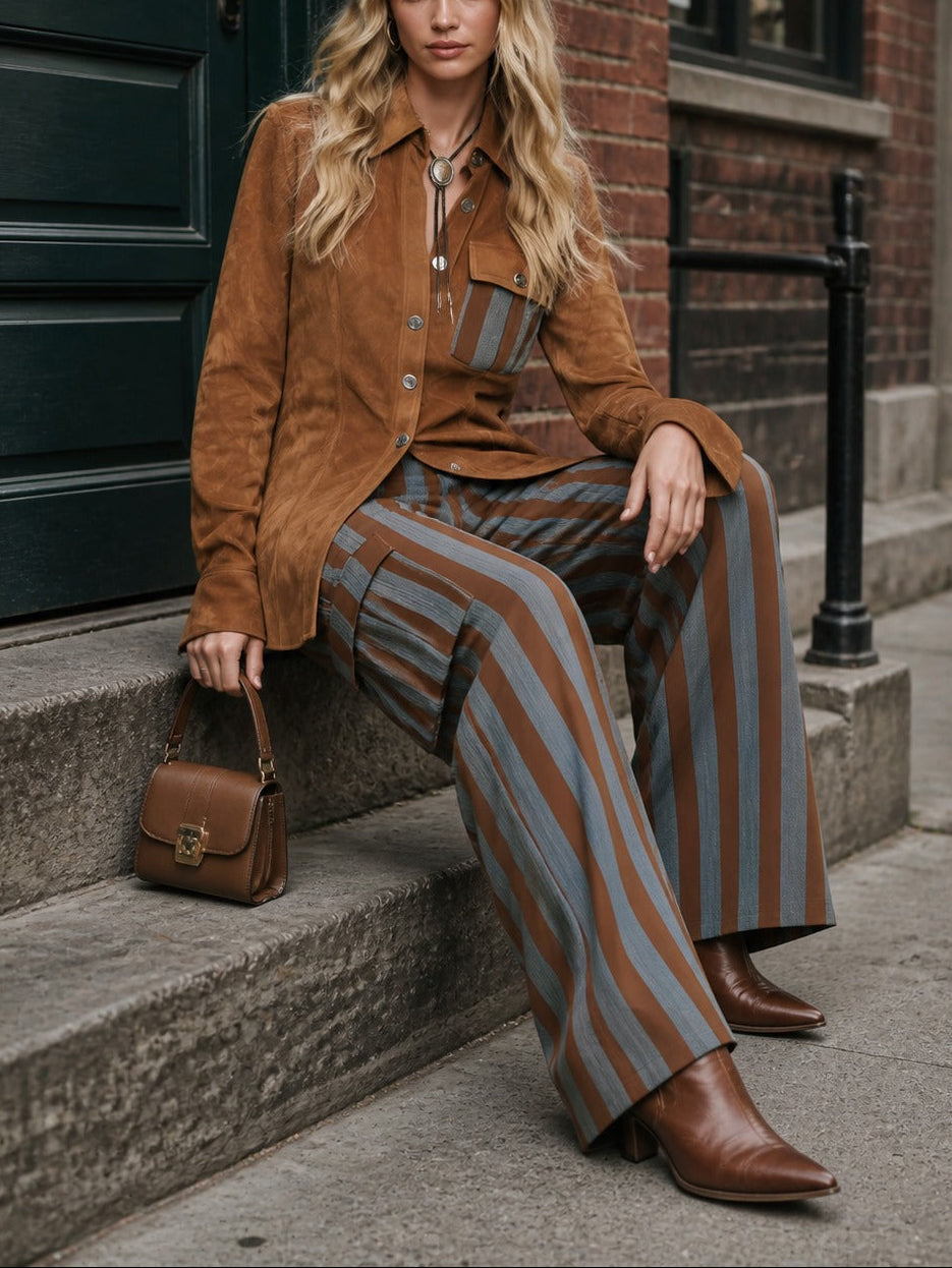 Júlia - Conjunto de camisa retro de ante sintético y pantalón de rayas verticales