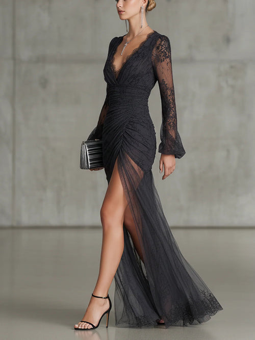 CENIZA | Vestido Maxi Gris Oscuro de Encaje con Mangas Largas y Abertura
