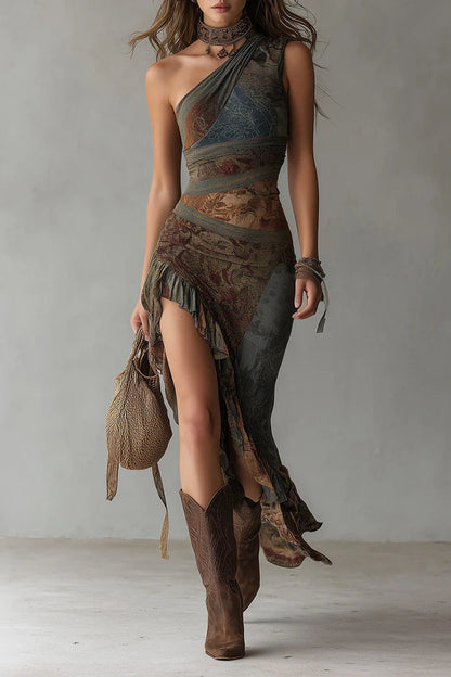 Vestido largo asimétrico estampado con abertura
