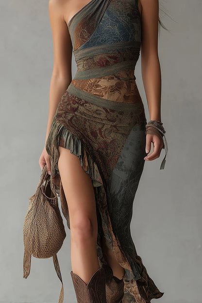 Vestido largo asimétrico estampado con abertura