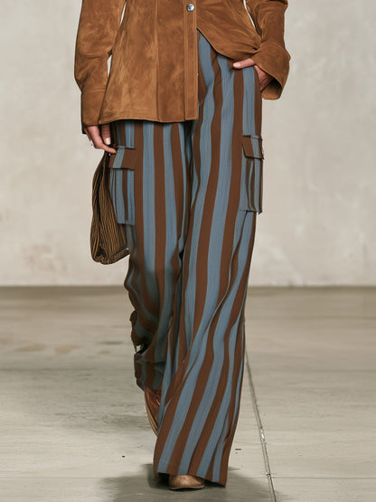 Júlia - Conjunto de camisa retro de ante sintético y pantalón de rayas verticales