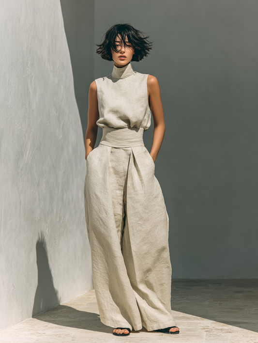 LINNEA | Conjunto de Blusa Sin Mangas y Pantalón de Pierna Ancha en Algodón y Lino