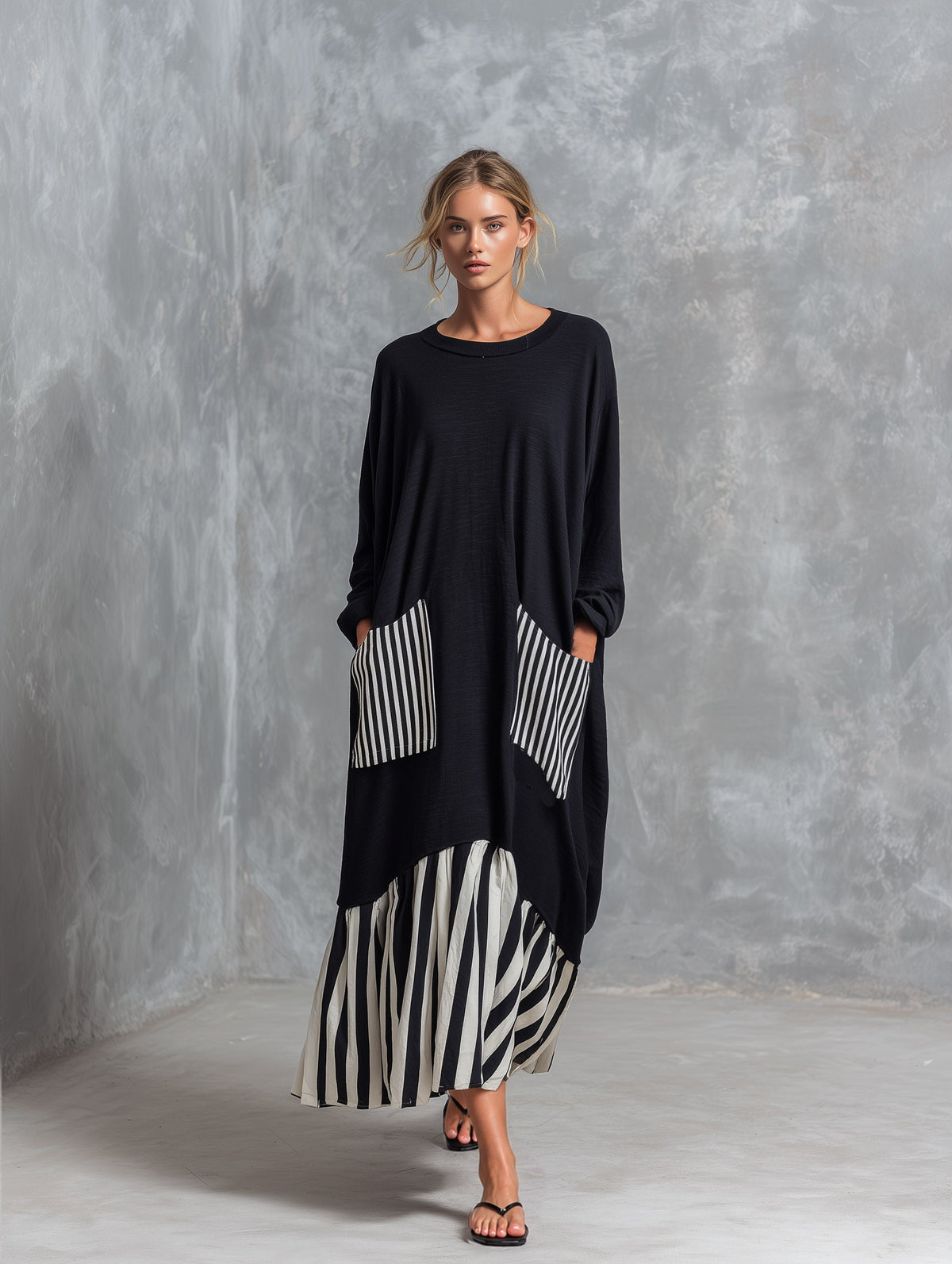Alba | Vestido largo oversize de algodón negro con rayas estilo patchwork