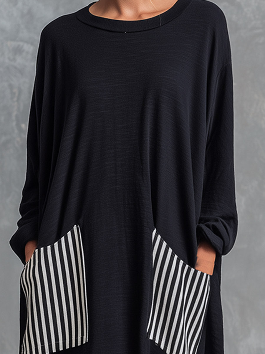 Alba | Vestido largo oversize de algodón negro con rayas estilo patchwork