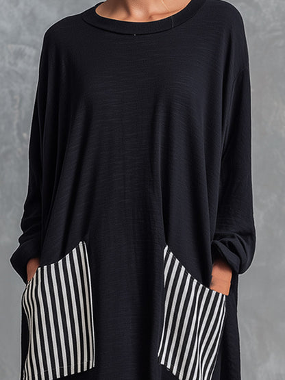 Alba | Vestido largo oversize de algodón negro con rayas estilo patchwork