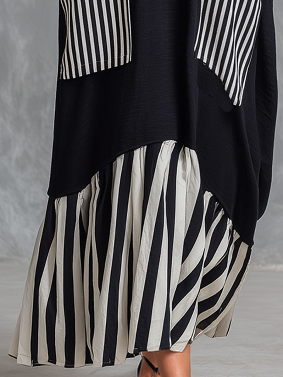 Alba | Vestido largo oversize de algodón negro con rayas estilo patchwork