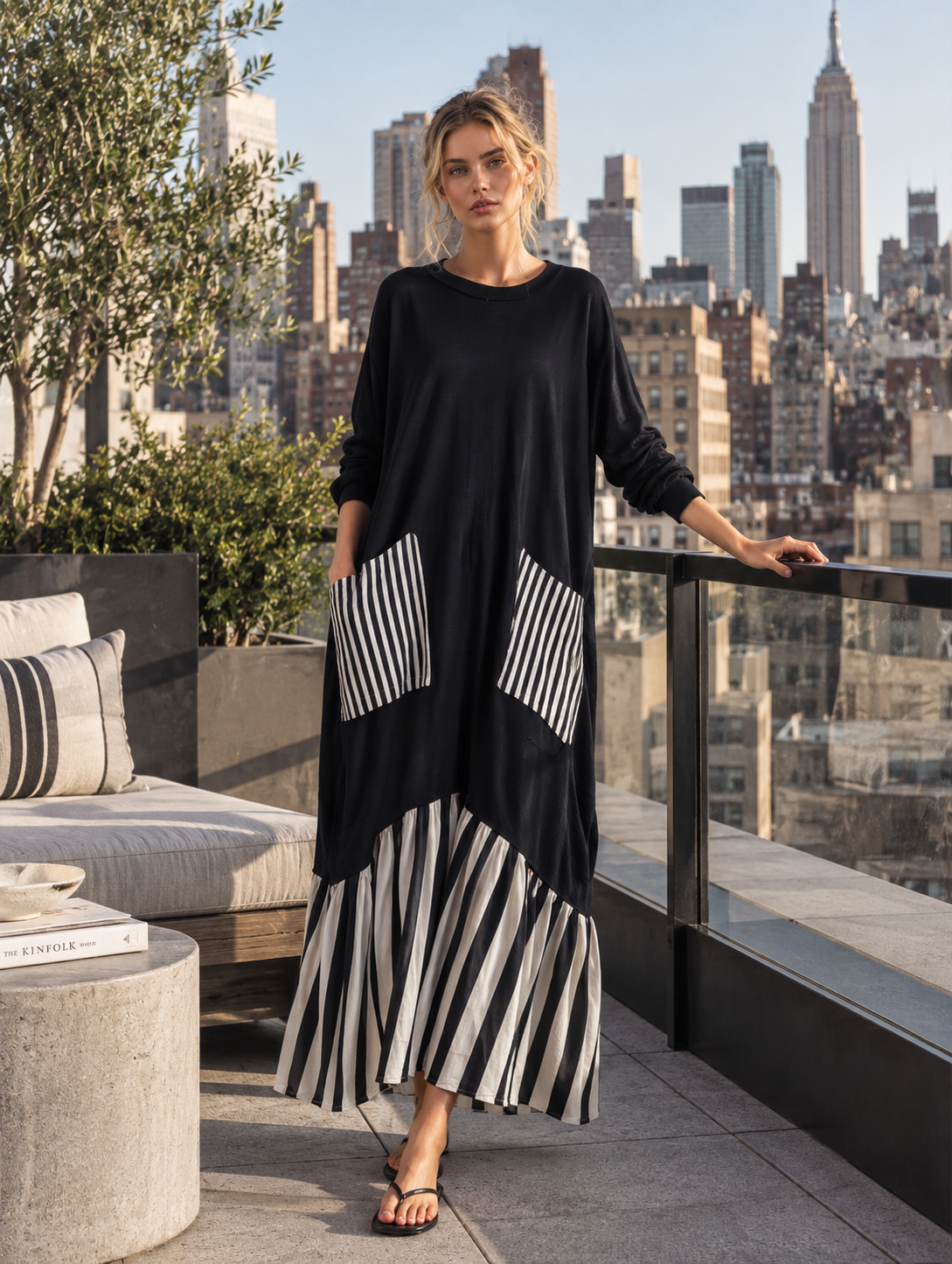 Alba - Vestido largo oversize de algodón negro con rayas estilo patchwork
