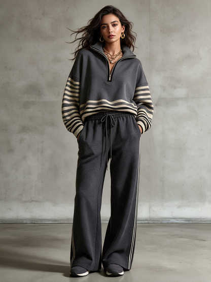 Aitana | Conjunto de sudadera con media cremallera y paneles de rayas y pantalón de pierna ancha