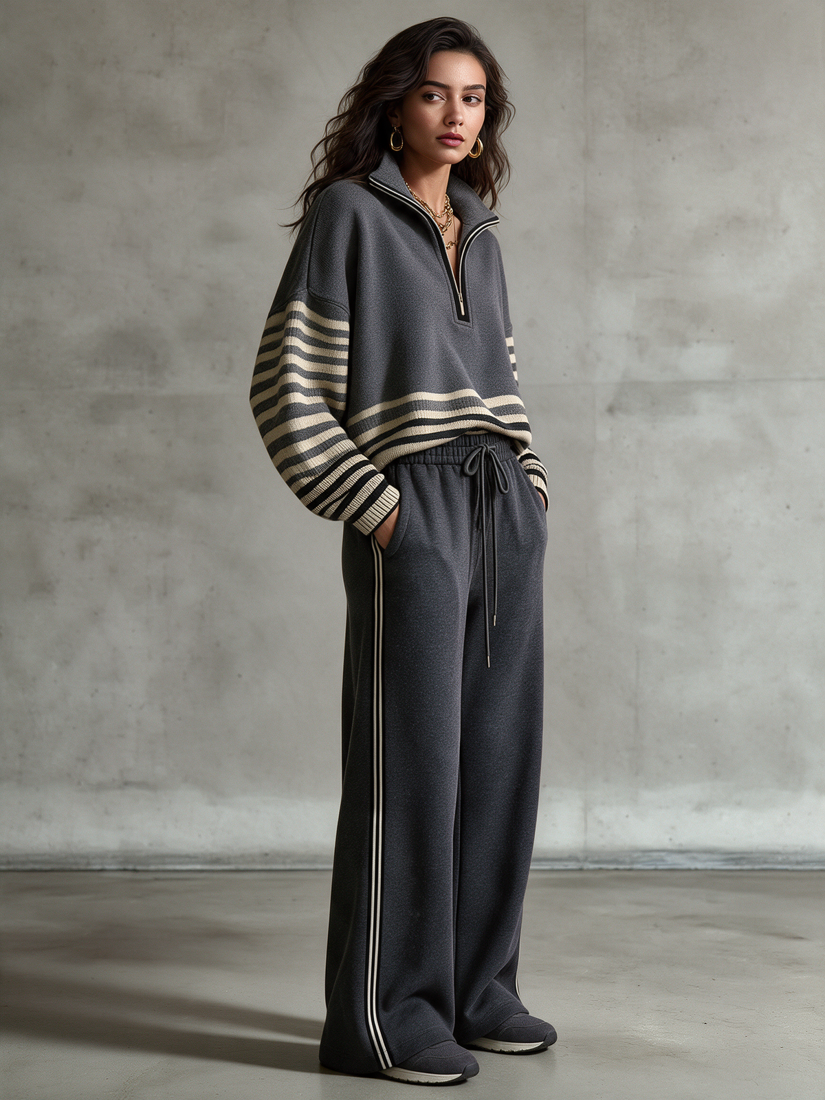 Aitana | Conjunto de sudadera con media cremallera y paneles de rayas y pantalón de pierna ancha