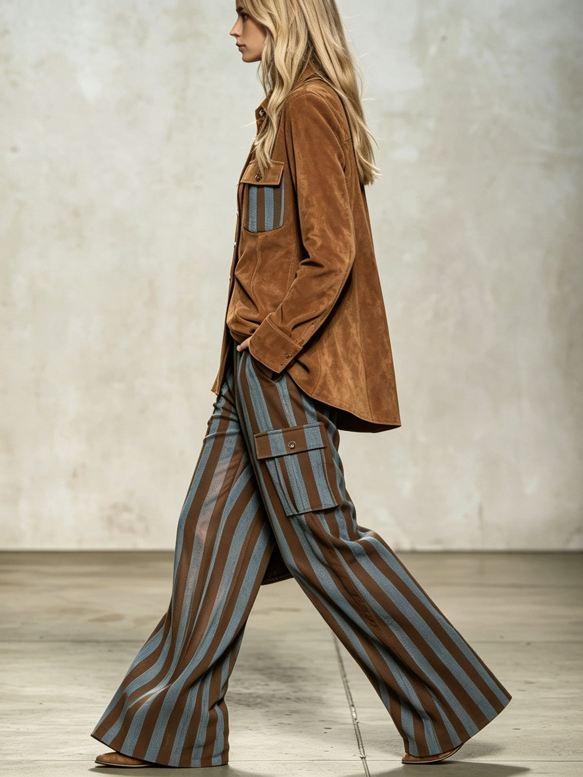 Júlia - Conjunto de camisa retro de ante sintético y pantalón de rayas verticales