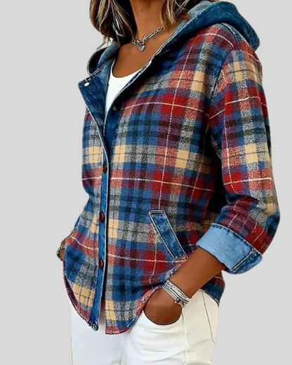 Sobrecamisa de Cuadros con Capucha y Ribetes Denim