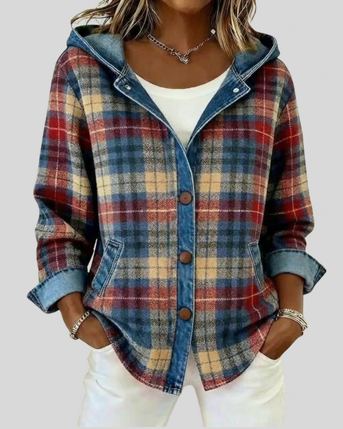 Sobrecamisa de Cuadros con Capucha y Ribetes Denim