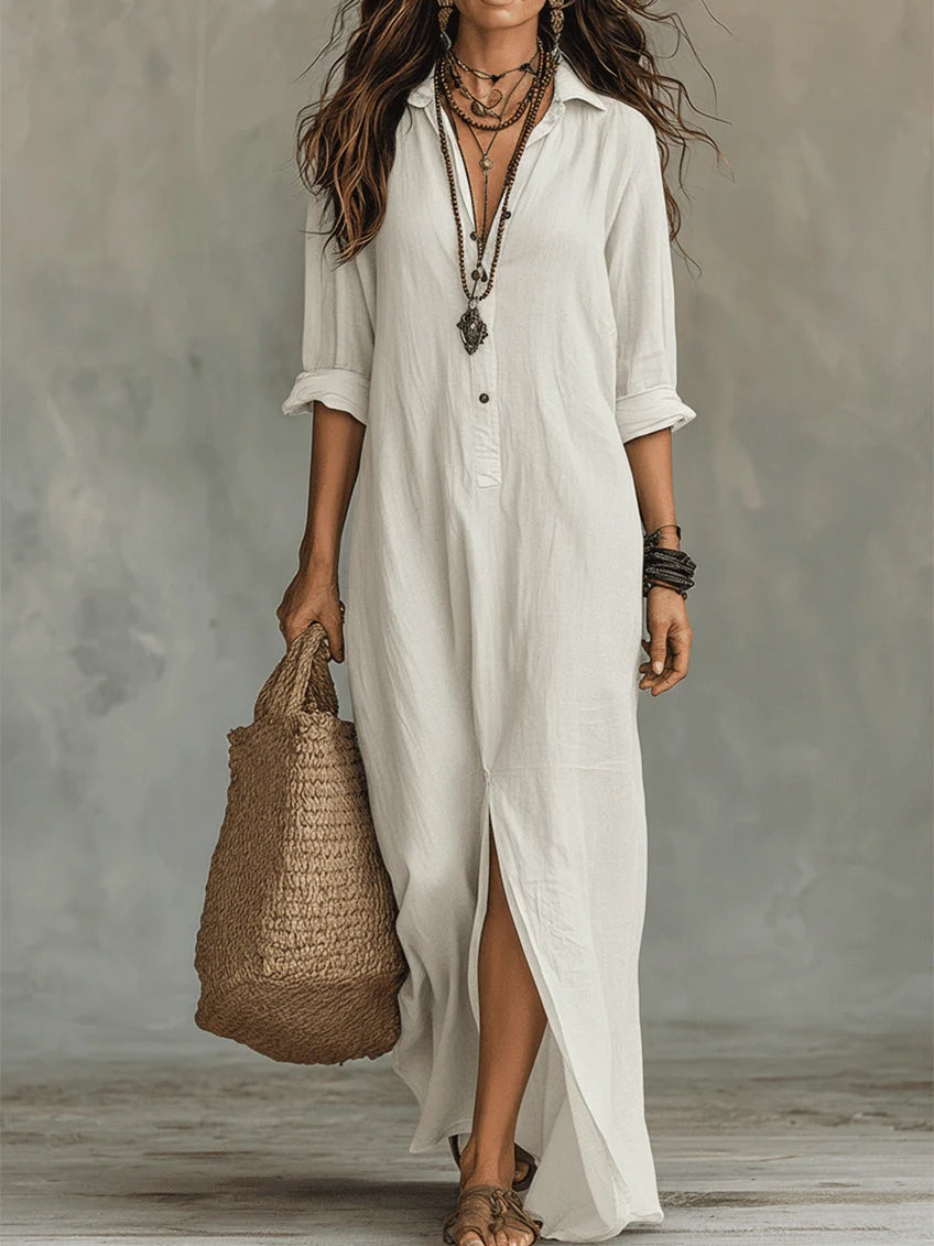 SOLINE | Vestido Maxi Negro de Corte Ancho con Botones
