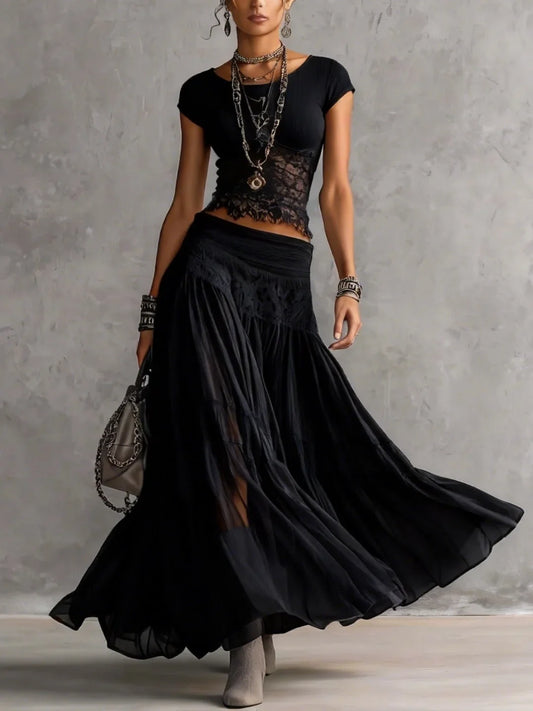 SOMBRA | Conjunto de Top de Encaje Negro Transparente y Falda Maxi Plisada