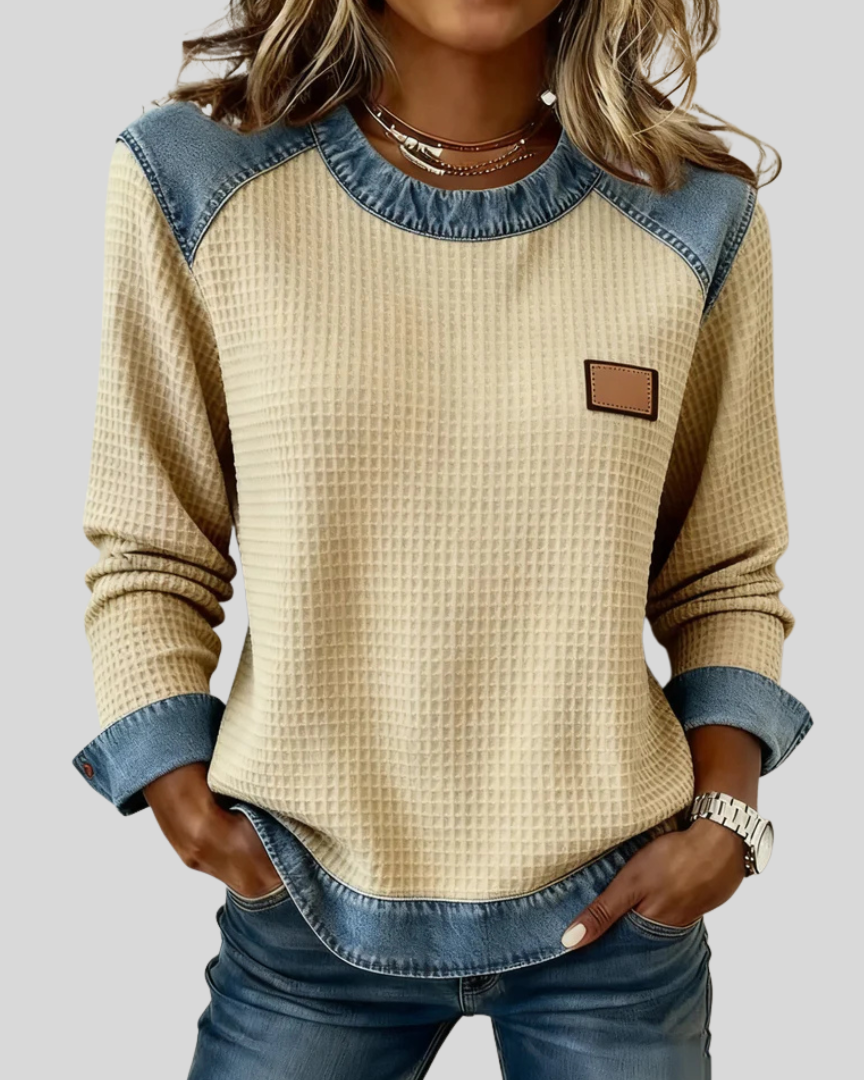 Sudadera de Punto Panal con Ribetes de Denim