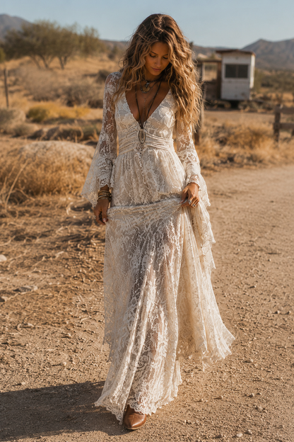 Vestido largo de encaje con mangas acampanadas
