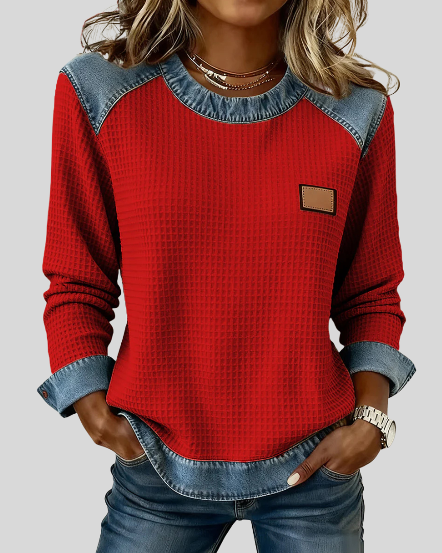 Sudadera de Punto Panal con Ribetes de Denim