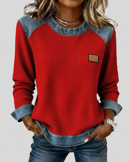 Sudadera de Punto Panal con Ribetes de Denim