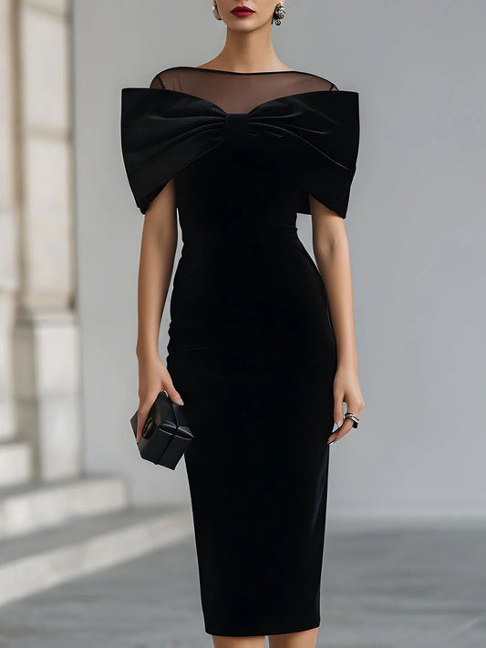 Cătălina | Vestido midi de terciopelo negro con lazo