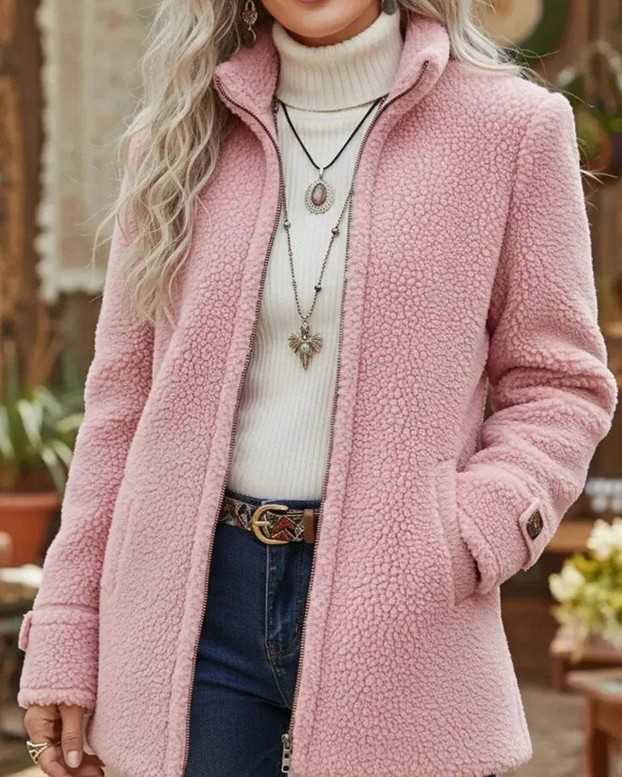 Chaqueta de Pelo con Cuello Mao y Cremallera