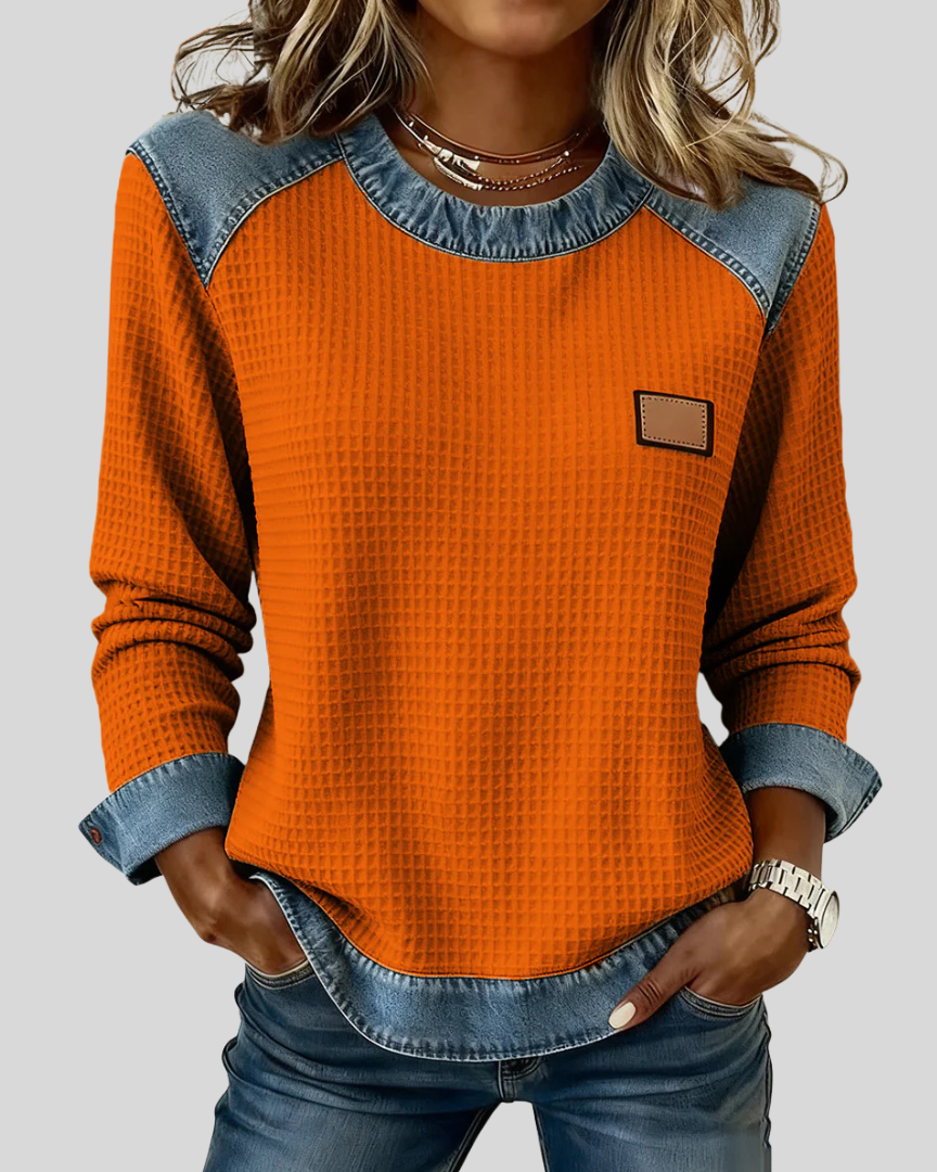 Sudadera de Punto Panal con Ribetes de Denim