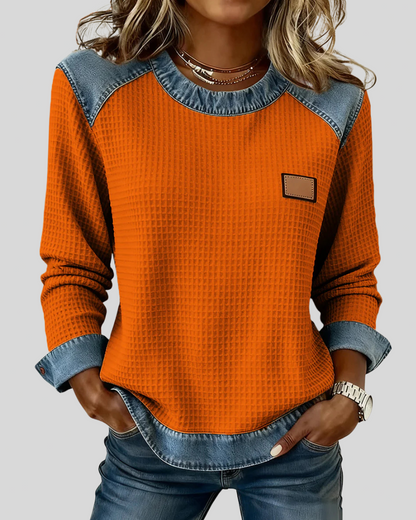 Sudadera de Punto Panal con Ribetes de Denim