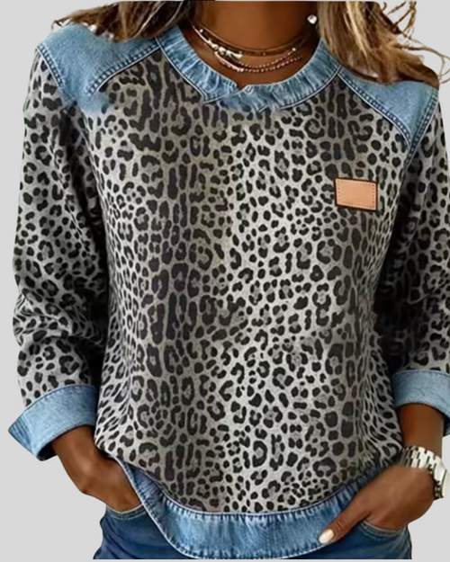 Jersey de Leopardo con Cuello de Denim