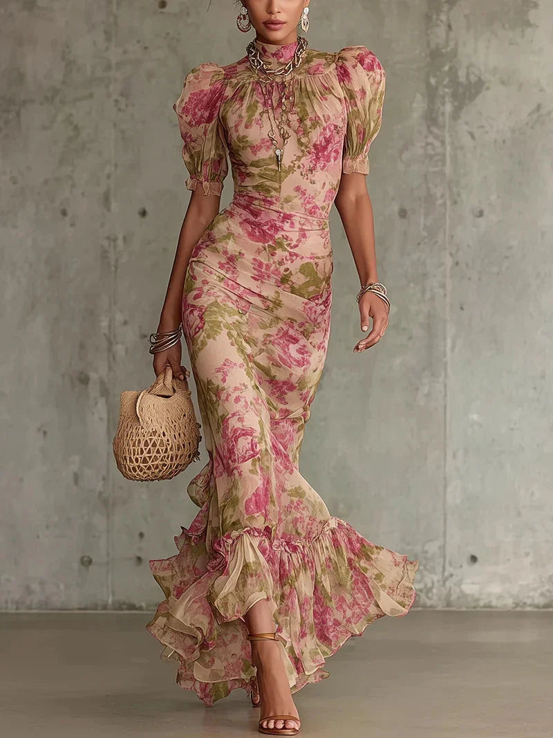 VINTAGE | Vestido Maxi con Estampado Rosa Vintage y Mangas Abullonadas