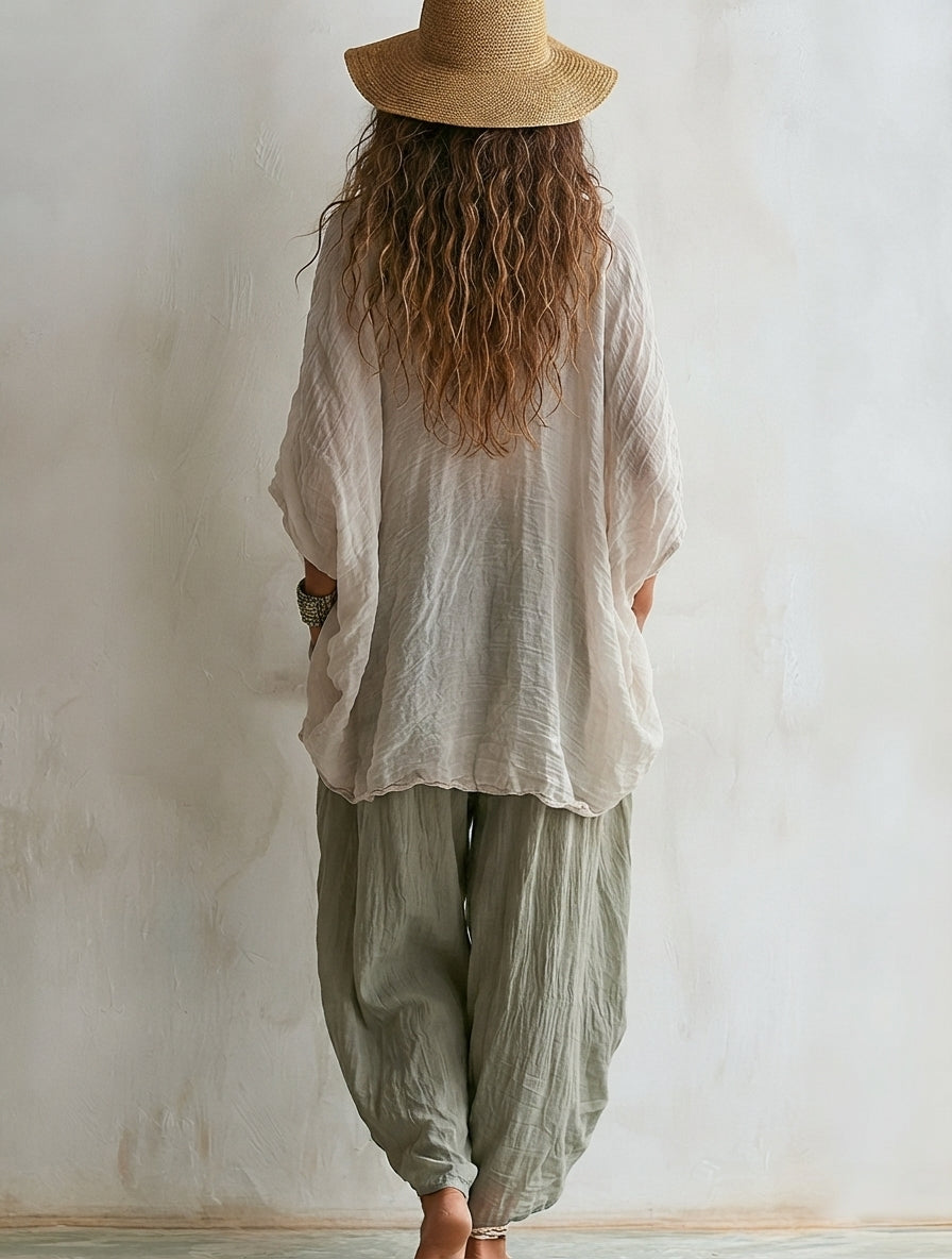 Emma - Conjunto de Dos Piezas Cómodo y Casual de Algodón y Lino Holgado