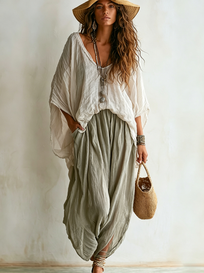 Emma - Conjunto de Dos Piezas Cómodo y Casual de Algodón y Lino Holgado