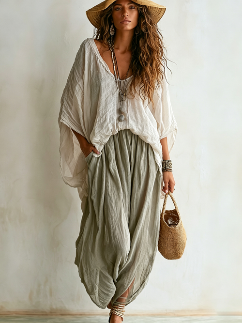 Emma - Conjunto de Dos Piezas Cómodo y Casual de Algodón y Lino Holgado