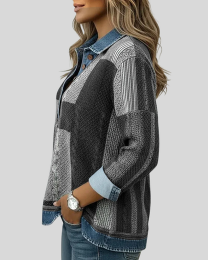 Sudadera Colorblock con Cuello de Denim