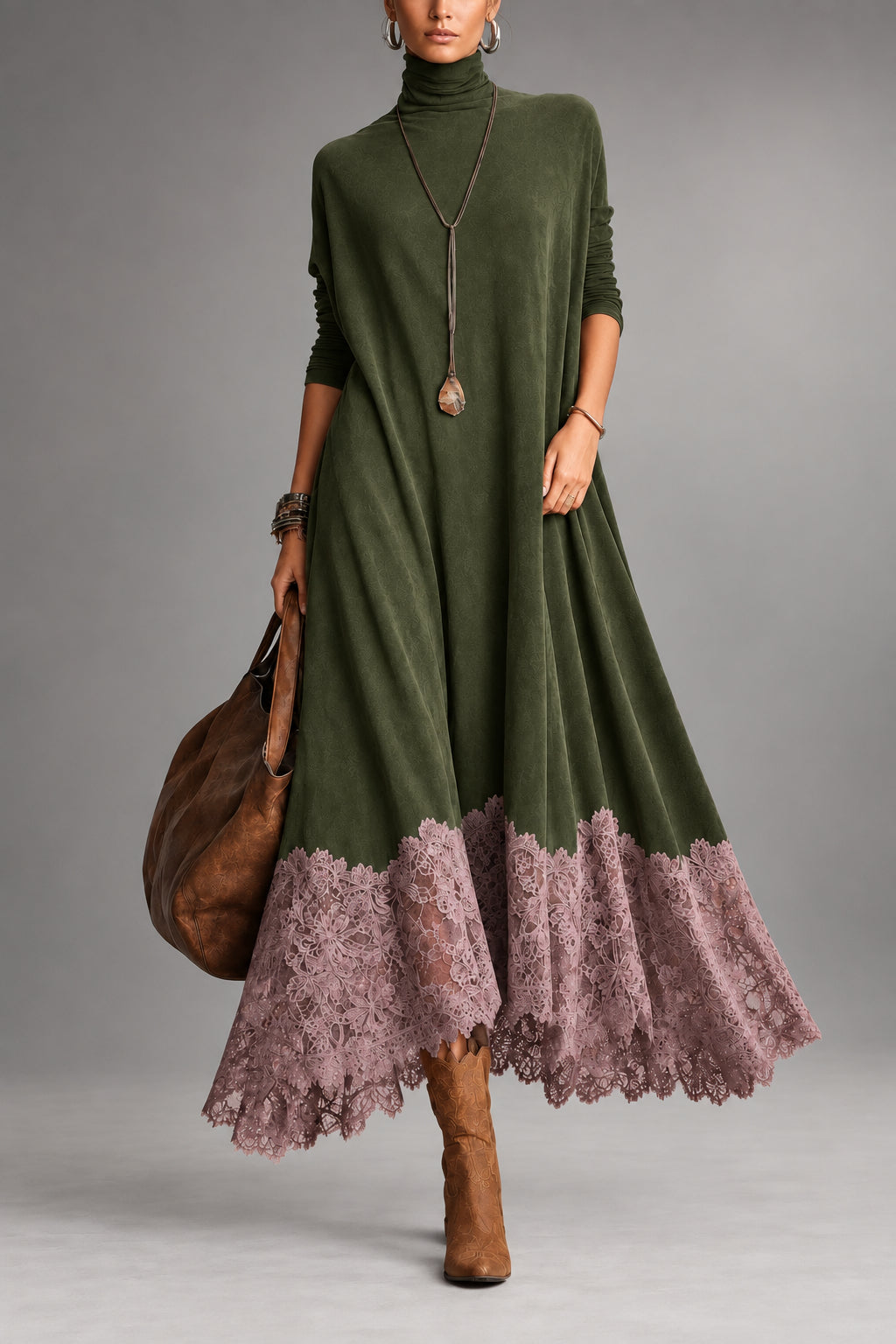 Abril | Vestido Largo de Antelina con Bajo de Encaje
