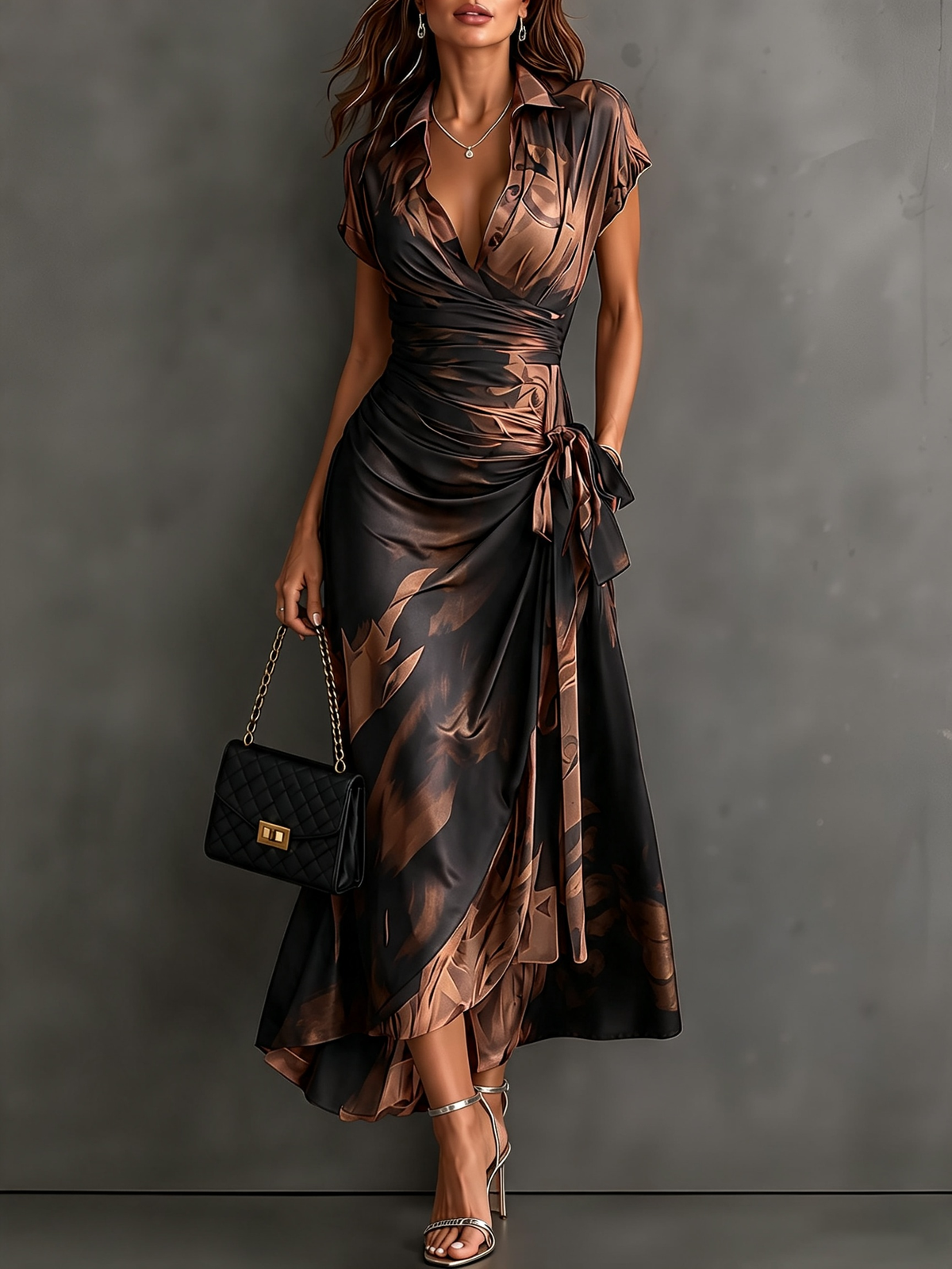 Ariadna - Vestido midi cruzado con estampado abstracto rojo y negro.